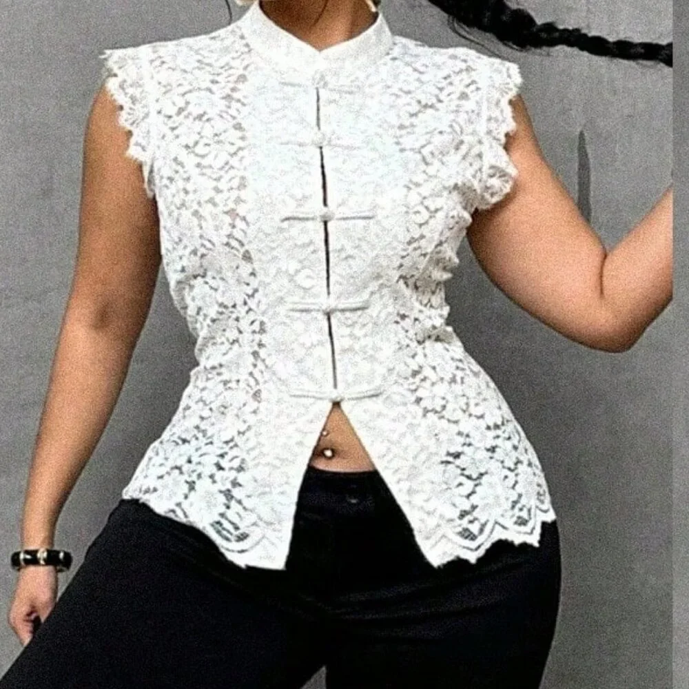 White Elegant Women's Plus Size Lace Button Collar Fitted Blouse - Picture 8 of 8